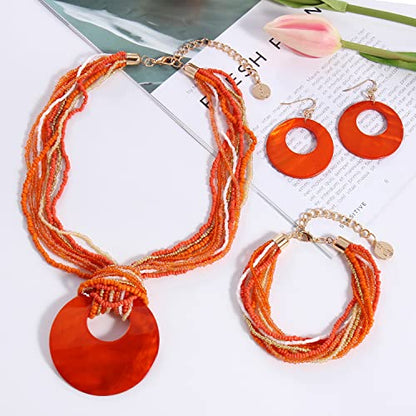 Coiris Multi Strand Statement Colorful Beaded Necklace with Big Circle Shell Pendant for Women - color: ST0012-Orange