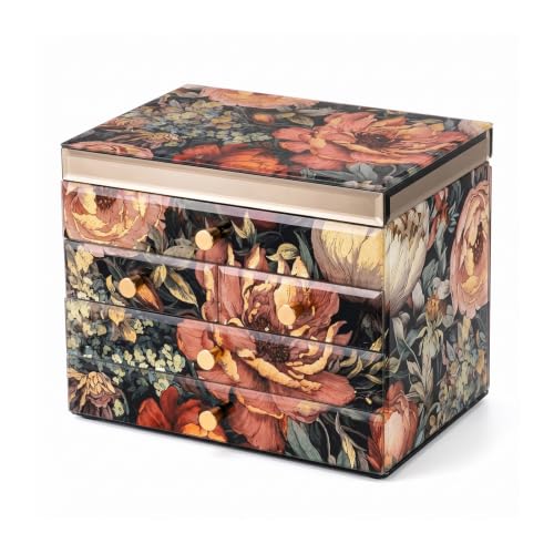 High End Glass Jewelry Box for Women, 4 Layer, Peony | Large Jewelry Organizer with Mirror, Velvet-Lined Case, For Ring, Necklace, Earring, Bracelet Watches Storage, Gift for Her - color: Peony, size: 4 Layer(7.9"D x 11"W x 8.5"H)