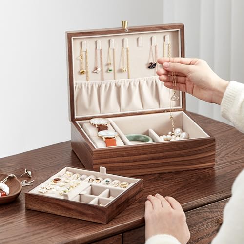 Black Walnut Wooden Jewelry Box for Women with Removable Tray | 2 Layer, Removable Tray, For Watches Rings Earrings Necklace Bracelets, Jewelry Organizer - style: 2 Layer A