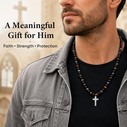 Beaded Cross Necklace Gifts for Men - Triple Protection Black Onyx Obsidian Tiger Eye Natural Stone Necklace Stainless Steel Cross Pendant Stress Relief Balance Faith Jewelry Gifts for Husband Dad Son - color: Joshua 1:9