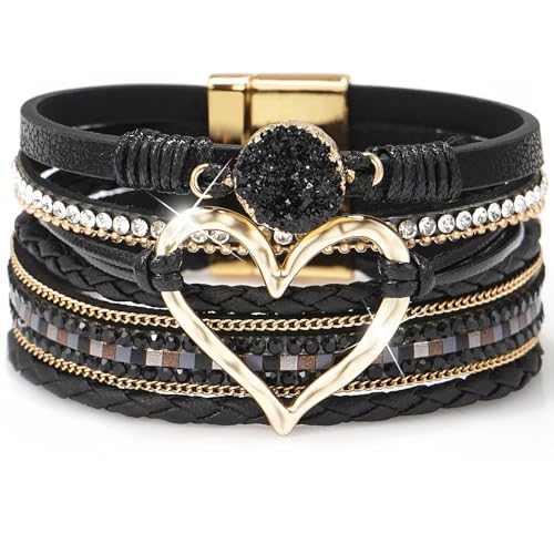 Suyi Multilayer Leather Wrap Bracelet Heart-Shape Wide Bracelets for Women - color: Black
