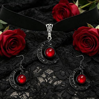 ONLYJUMP Gothic Witch Moon Earrings Necklace Set for Women Goth Black Velvet Moon Choker Necklace Moon Zirconia Dangle Drop Earrings Dark Halloween Witch Vampire Jewelry - color: Red