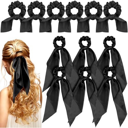 MTLEE 12 Pcs Hair Accessories for Women Hair Bows Scrunchies Scarf Ties Bunny Ears Silk Satin Scrunchies Ribbons Scarf Ties with Bows for Women Lady(Black) - color: Black