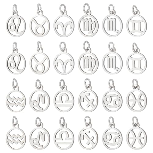 PH PandaHall 24pcs 304 Stainless Steel 12 Constellations Charms Zodiac Sign Pendants Charm Flat Round with Constellation Pendants Astrology Horoscope Charms for DIY Jewelry Craft Making