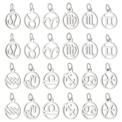 PH PandaHall 24pcs 304 Stainless Steel 12 Constellations Charms Zodiac Sign Pendants Charm Flat Round with Constellation Pendants Astrology Horoscope Charms for DIY Jewelry Craft Making