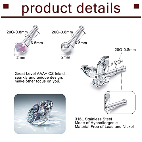 Prjndjw 20G 18G Nose Rings Studs Surgical Steel Nose Stud Glow Dark Heart Opal CZ Flower Nose Piercing Jewelry Nose Rings for Women Straight Screw L Shaped Nose Rings Hypoallergenic Nose Piercing Kit - color: 20G-Straight Bar Nose rings