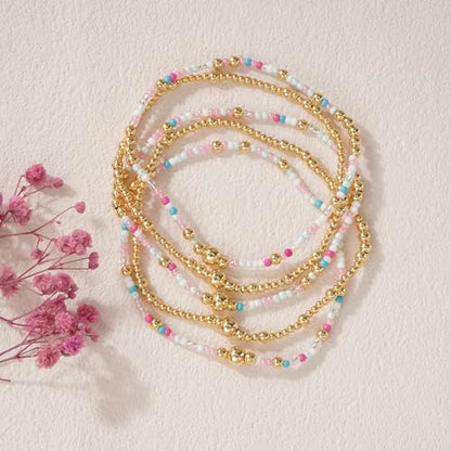 Colorful Gold Plated Stackable Ball Seed Beaded Bracelets Set For Women, Boho Handmade Romantic Stretch Accessories Jewelry, Daily Wear Holiday Party Friendship Gift - color: White Rice