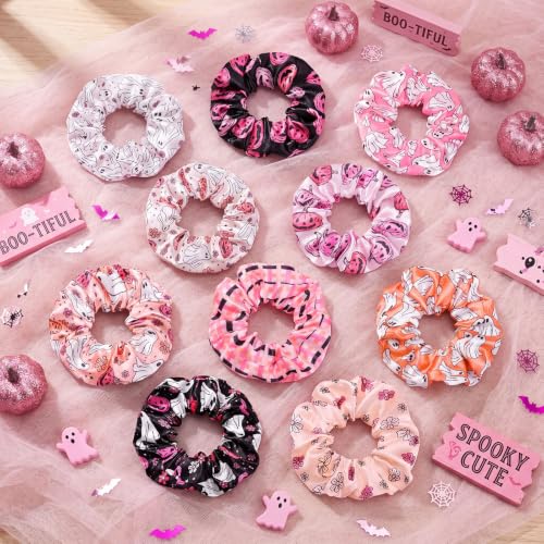 80 Pcs Pink Halloween Satin Hair Scrunchies for Women Spooky Cute Ghost Pumpkin Hair Ties Cute Elastic Bands Ropes Ponytail Holder Bulk Halloween Party Favors Goodie Bag Fillers - style: Halloween