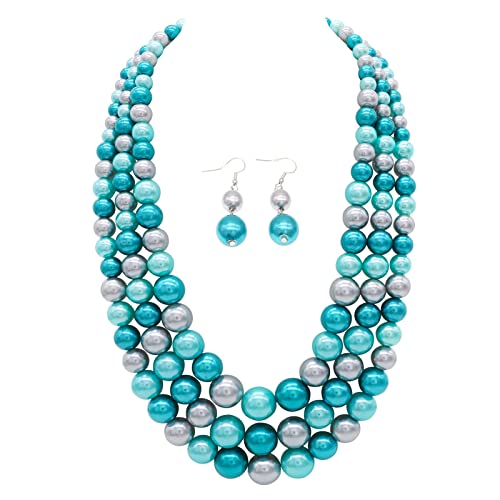 Chunky Layered Imitation Pearl Necklace for Women 3 strand Pearl Necklaces Faux Pearl Necklace Earrings Set 1920s Flapper Gatsby Costume Accessories - color: 3 strand pearl necklace blue grey