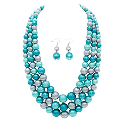 Chunky Layered Imitation Pearl Necklace for Women 3 strand Pearl Necklaces Faux Pearl Necklace Earrings Set 1920s Flapper Gatsby Costume Accessories - color: 3 strand pearl necklace blue grey