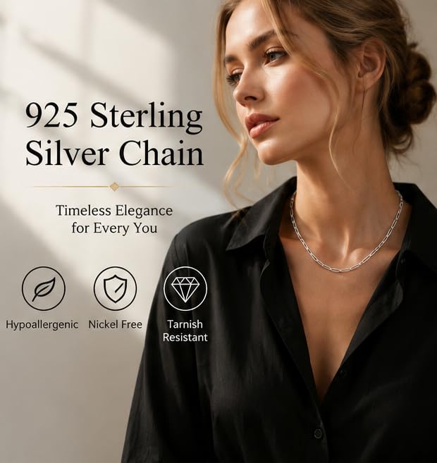 18k Gold Plated 925 Sterling Silver Chain Necklace for Women,3.0mm Thin Sturdy Paperclip Chain, Layering Necklace Tarnish Resistant Dainty Jewelry Gift 18/20/22/24/26 Inch - color: Silver, size: 26 Inch