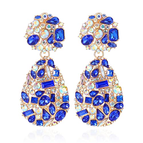 Rhinestone Statement Earrings Teardrop Costume Earrings Cluster Crystal Chandelier Drop Dangle Earrings for Women - color: Blue