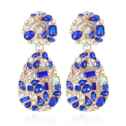 Rhinestone Statement Earrings Teardrop Costume Earrings Cluster Crystal Chandelier Drop Dangle Earrings for Women - color: Blue