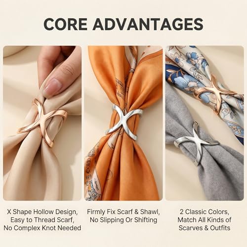 2PCS(Gold+Silver) X Shaped Scarf Ring Buckle Jewelry Silk Scarf Clips Clothing Wrap Holder for T-Shirt Neckerchief Shawl