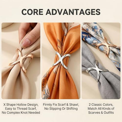2PCS(Gold+Silver) X Shaped Scarf Ring Buckle Jewelry Silk Scarf Clips Clothing Wrap Holder for T-Shirt Neckerchief Shawl