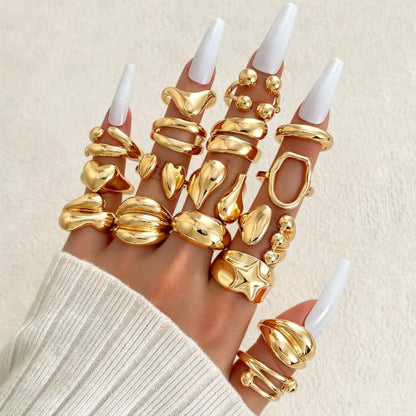 Chunky Rings for Women Non Tarnish 14k Stackable Dome Statement Rings Sets Vintage Dainty Knuckle Open Midi Finger Rings Jewelry Pack Gifts - style: Stackable