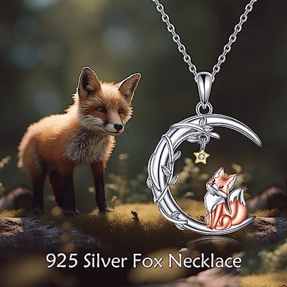 YAFEINI Moon Animal Necklace S925 Sterling Silver Owl/Fox/Red Panda/Possum/Snake/Dachshund Pendant Necklace Animal Jewelry Gifts for Women Mom Wife - style: FOX