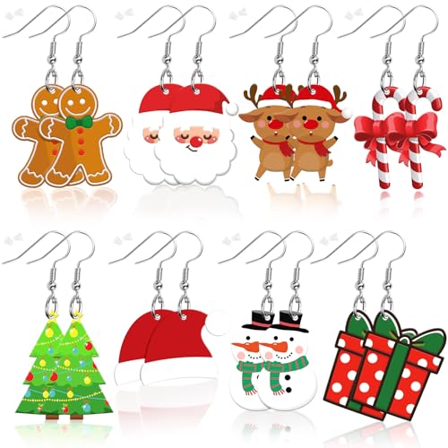 8 Pairs Christmas Acrylic Earrings for Women Xmas Dangle Jewelry | Santa Claus Tree Snowman Dangle Earrings, Christmas Holiday Jewelry Gifts Party Accessories, Lightweight Acrylic, Double Side - style: Christmas