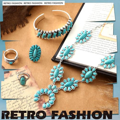 Ecally Bohemian Western Jewelry Turquoise Set Women Country Pendant Long Choker Layered Bracelets Earrings Ring for Women - color: Turquoise, style: Vibrant