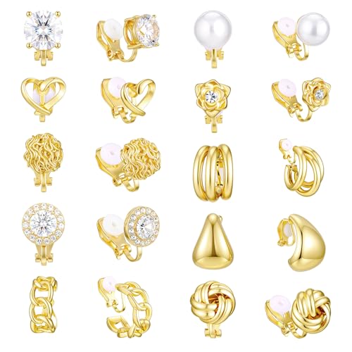 10 Pairs Gold Clip on Earrings, 14K Gold Plated Clip Earrings Earring Set | Non Pierced Ears Clips, CZ Pearl Knot Twist, Chunky Hoop, and Studs