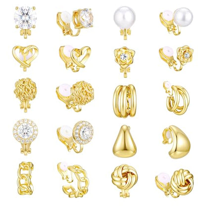 10 Pairs Gold Clip on Earrings, 14K Gold Plated Clip Earrings Earring Set | Non Pierced Ears Clips, CZ Pearl Knot Twist, Chunky Hoop, and Studs