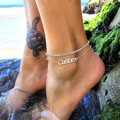 U7 Custom Layered Ankle Bracelets for Women Stainless Steel Bead/Cuban/Figaro/Rope/Wheat Chain Anklet Waterproof Anklet Jewelry for Beach Vacation - color: b-Silver-Wheat Chain