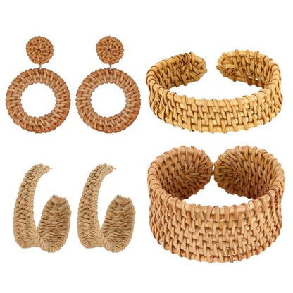 6 Pcs Handmade Raffia Rattan Earrings And Bracelets Boho Round Drop Dangles Cute Fun Jewelery Set Bold Bohemian Statement Jewelry for Women