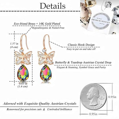 Austrian Crystal Teardrop Butterfly Drop Dangle Earrings for Women 14K Rose Gold Plated Hypoallergenic Jewelry - color: Vitrail Medium