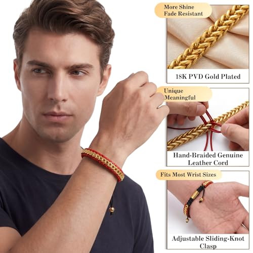 Braided Leather Bracelets for Men 18K Gold Plated Cuff Adjustable | Stainless Steel Franco Chain Link, Mens Bracelet Leather, Handwoven Jewelry Gift for Husband Dad Son