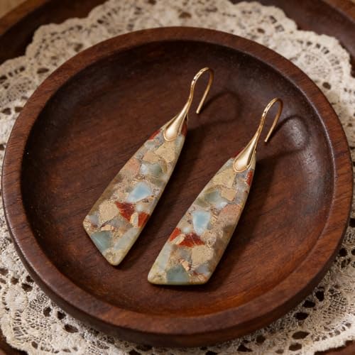 Boho Natural Imperial Jasper Teardrop Dangle Earrings for Women – Hypoallergenic French Hook Stone Drop Earrings Jewelry - color: Agalmatolite Golden Hook