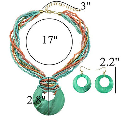Coiris Multi Strand Statement Colorful Beaded Necklace with Big Circle Shell Pendant for Women - color: Teal