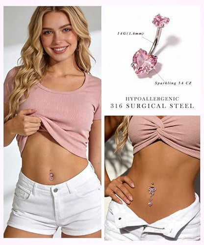 Zankulas Dangle Belly Button Rings Piercing Jewelry for Women Surgical Stainless Steel Dangling Belly Ring Pack with Heart Bow Elements 14g