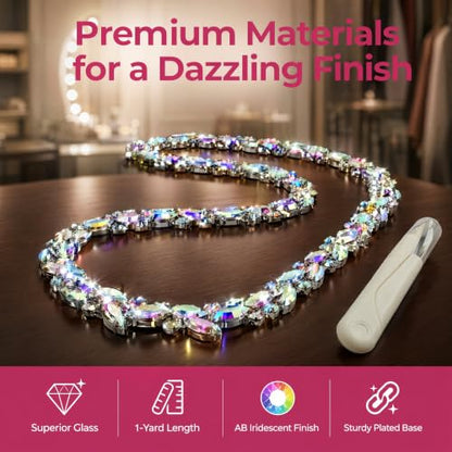 Rhinestone Chain Trim 1 Yard Sew-On Crystal for Wedding Bridal | 90cm long, 1.5cm wide marquise AB crystal bling chain with craft scissors for bridal dress veil cake DIY - color: Rainbow