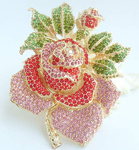 Gorgeous Wedding 5.32" Big Rose Flower Brooch Pin Austrian Crystal Pendant BZ2994 - color: Golden Red and Pink