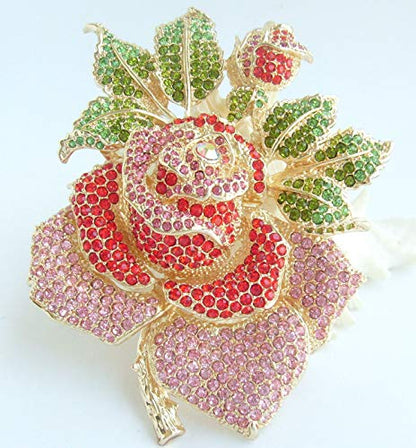 Gorgeous Wedding 5.32" Big Rose Flower Brooch Pin Austrian Crystal Pendant BZ2994 - color: Golden Red and Pink