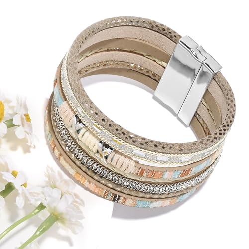 VIBILIA Boho Leather Wrap Bracelets for Women Multi-Layer Bracelets | With Strong Clasp Jewelry for Women - color: 02-XxMilletBead-Khaki