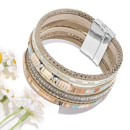 VIBILIA Boho Leather Wrap Bracelets for Women Multi-Layer Bracelets | With Strong Clasp Jewelry for Women - color: 02-XxMilletBead-Khaki