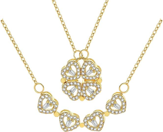 Four Leaf Clover Necklace Foldable for Women,925 Sterling SIlver Bling zircon stone Four Heart Grass Women's Necklaces Crocker ,Retro Magnetic Folding Love Heart Pendant One Style,Two Wearing Methods - color: Gold