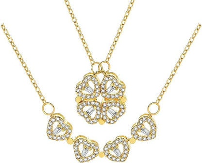 Four Leaf Clover Necklace Foldable for Women,925 Sterling SIlver Bling zircon stone Four Heart Grass Women's Necklaces Crocker ,Retro Magnetic Folding Love Heart Pendant One Style,Two Wearing Methods - color: Gold
