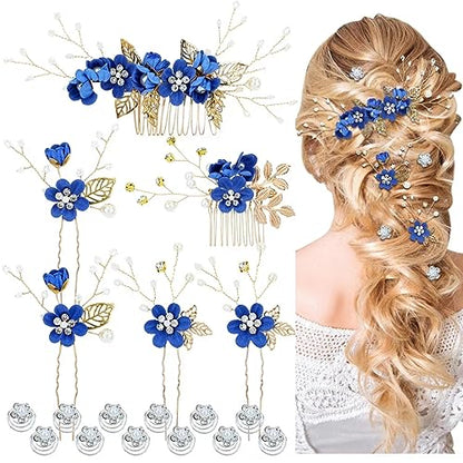 Cinaci 18 Pieces Bridal Wedding Party Prom Pearl Rhinestone Royal Blue Flower Hair Side Combs Slides+U-shaped Flower Hair Pins+Twist Spiral Hairpins Floral Headpieces for Brides Bridesmaids Women Girs - color: Royal Blue