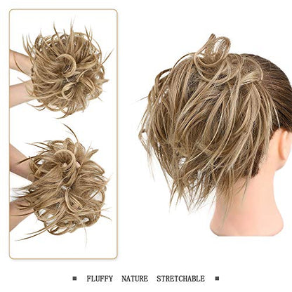 HMD Tousled Updo Messy Bun Hair Piece Ponytail Hairpieces for Women | Synthetic Hair Extension Ponytail with Elastic Rubber Band, Updo Hairpiece Hair Bun Scrunchies for Women Daily Party - color: 12H24(Light Brown Mix Natural Blonde)
