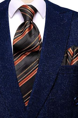 Hi-Tie Men's Silk Ties Formal Woven Classic Necktie Pocket Square Cufflinks Lapel Pin Set Wedding Business - color: Black and Deep Orange