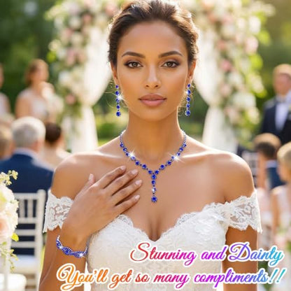 Silver Wedding Jewelry Sets Rhinestone Necklace Earrings Bracelet Set Prom Formal Costume Jewelry for Women and Brides - color: Blue