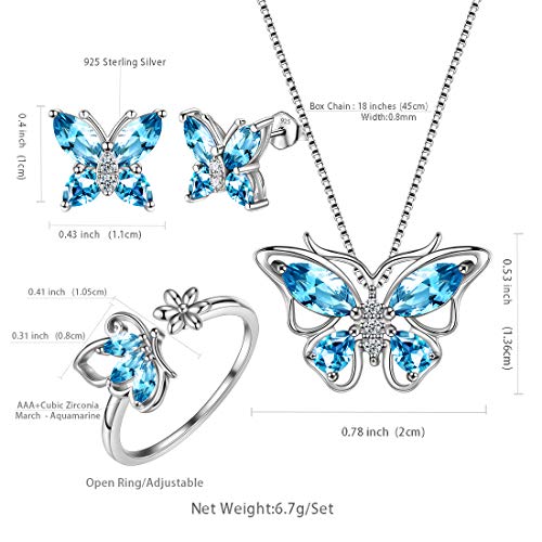 Aurora Tears Butterfly Jewelry,Women 925 Sterling Silver Butterflies Birthstone Pendant Necklace/Earrings/Rings Wedding Gift - color: C.March-set 2