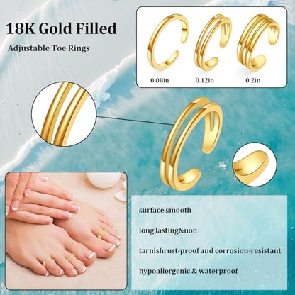 Toe Rings for Women,Gold Plated Stylish Adjustable Toe Band Rings, Summer Beach Foot Jewelry - Perfect for Vacation, Daily Wear - style: 3 Pcs
