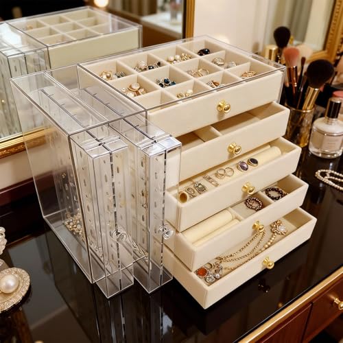 beige Jewelry Box Organizer, Transparent Acrylic Case with Velvet-Lined 5 drawers and 2 side drawers, Versatile Compartments for Earrings, Rings, Necklaces, Bracelets - color: Beige