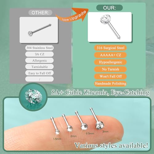 THUNARAZ Straight L Shaped Stainless Steel Nose Studs Rings Piercing Pin Body Jewelry 20G-22G 1.5mm 2mm 2.5mm - color: I:120Pcs White CZ(20G Mixed)
