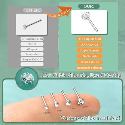 THUNARAZ Straight L Shaped Stainless Steel Nose Studs Rings Piercing Pin Body Jewelry 20G-22G 1.5mm 2mm 2.5mm - color: I:120Pcs White CZ(20G Mixed)