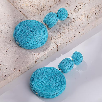 Statement Raffia Boho Round Dangle Ball Earrings - Cute Handmade Summer Bohemian Dangling Jewelry for Women - color: Blue