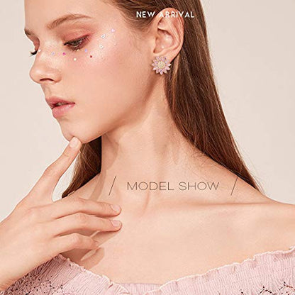 Crystal Flower Burst Stud Earirings - Big Sterling Silver CZ Cubic Zirconia Rhinestone Daisy Sunflower Floral Cluster Studs Bridal Wedding Party Prom Costume Jewelry for Bride Bridesmaids Women Birthstone Birthday Gift - color: Pink